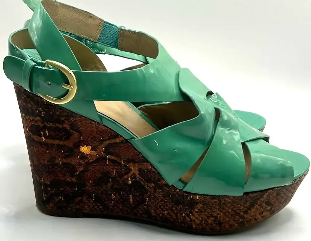 Joan & David Daisleen Mint Green Patent Leather Cork Wedge Sandals